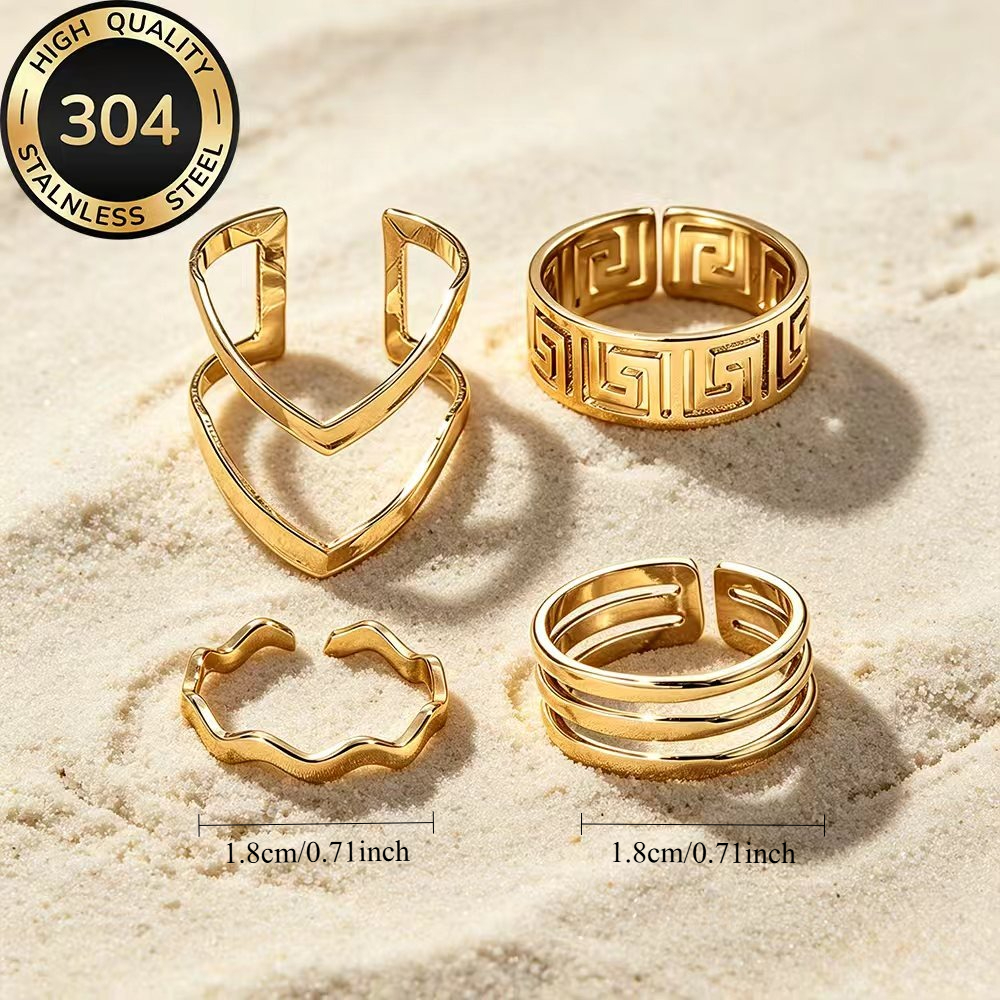 4pc Golden Open Ring Set, High-Quality Stainless Steel